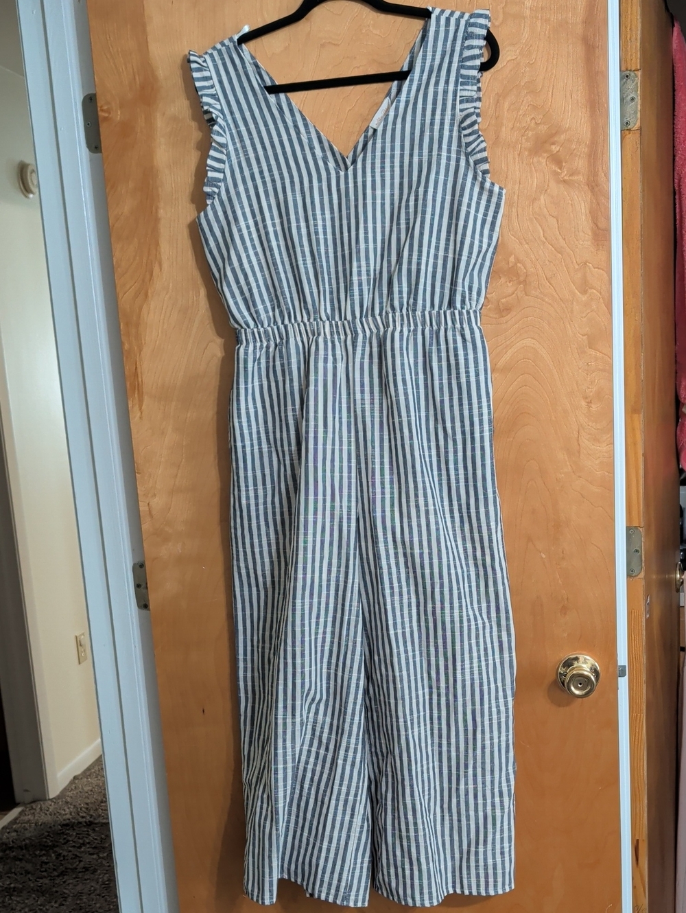 Striped V-Neck Sleeveless Jumpsuit - Blue & White